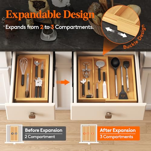 Lifewit Utensil Organizer for Kitchen Drawer, Expandable Cooking Utensil Tray, Cutlery Silverware Flatware Holder, Wood Adjustable Spatula Tools Storage Divider, 8.9-15.8 x 15.75, Natural - color: Natural, size: 8.9~15.8'' W x 15.75'' D