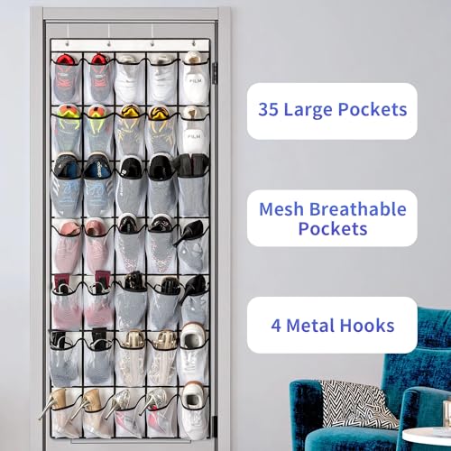 SAVERHO 35 Pockets Over the Door Shoe Organizer, Hanging Shoe Organizer for Door with 35 Mesh Pockets Large Capacity Shoe Hanging Storage Bag with 4 Metal Hooks (White-1Pack) - color: White-1pack of 35 pocket