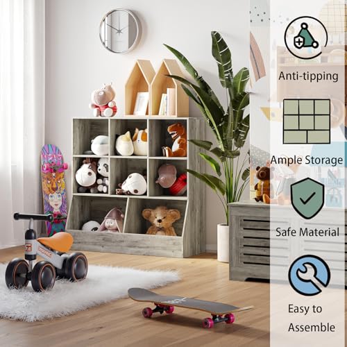 DINZI LVJ Toy Storage Organizer, Kids Bookshelf, Wood Toy Storage Cabinet, 3-Tier 8 Cubby Children Bookcase, 39.4" L Toddler Book Shelf for Playroom, Living Room, Nursery, Hallway, School, Gray Wash - color: Gray Wash, size: 3-Tier 39.4"