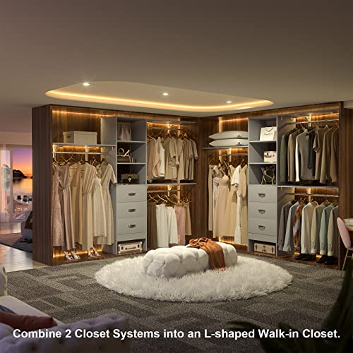 iSunirm 8FT Closet System, 96'' Closet Organizer System with 3 Hanging Rods, Wall Mount Bedroom Wardrobe with 3 Drawers Walk-in Closet, Adjustable Cloth Garment Rack from 5 to 8FT (Cut to Fit), Grey - color: Grey