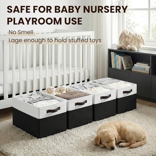 Criusia Large Storage Bins for Shelves 4 Pack, Closet Storage Baskets for Clothes Blanket Beddings Towels, Collapsible Fabric Closet Organizer Bins with Handles/ Laundry Room Organization - color: White with Black, size: 4pcs - Rectangular 14"x10"x9.5"