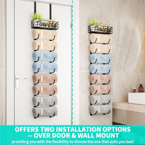 HapiRm Towel Racks for Bathroom Storage - 9 Tier Over The Door & Wall Mount Rolled Towel Storage Organizer Holder with Metal Shelf Basket for Small Bathroom, Camper, Rv - Black, Patented - color: Black, size: 9-Tier