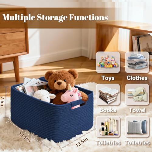 2 Pack Large Storage Basket for Organizing, 17.5"x13"x7" Woven Basket for Shelves, Closet Cube Storage Bins with Wrapped Handle, Cotton Rope Baskets for Kitchen, Clothes, Toys(Navy Blue) - color: Navy Blue, size: 2 Pack