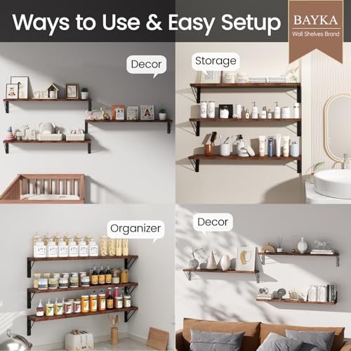 BAYKA Wall Shelves for Bedroom Decor, Floating Shelves for Wall, Display Mounted Rustic Wood Shelf for Books,Plants,Corner Shelves for Bathroom,Kitchen,Living Room(Rustic Brown，36in，Set of 3) - color: C. Rustic Brown Board & Black Brackets, size: 36-inch