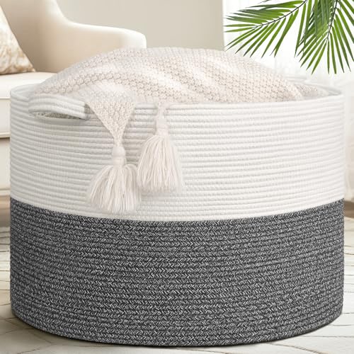 Goodpick 115L Extra Large Blanket Basket, Soft Cotton Rope Storage Basket for Organizing, Home Decor, Toys, Toy Storage Organizer for Living Room & Nursery, Grey - color: White & Grey, size: 23.5x23.5x15.8 Inch (Pack of 1)