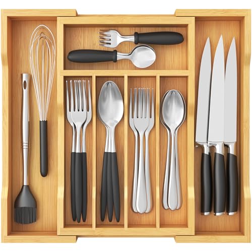 Lifewit Silverware Drawer Organizer, Expandable Utensil Tray for Kitchen, Flatware and Cutlery Holder, Wood Adjustable Storage for Spoons Forks Knives, 9.4-15.7x13", Natural - color: Natural, size: 9.4~15.7''W x 13''D