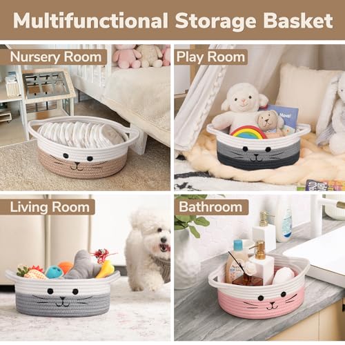 Cute Cat Toy Basket, Gift Baskets Empty for Home Decor, Soft Woven Basket for Living Room, Decorative Storage Baskets for Diaper Caddy, White & Brown, 9.8 x 4 inches - color: White & Brown, size: 9.8"W x 4"H