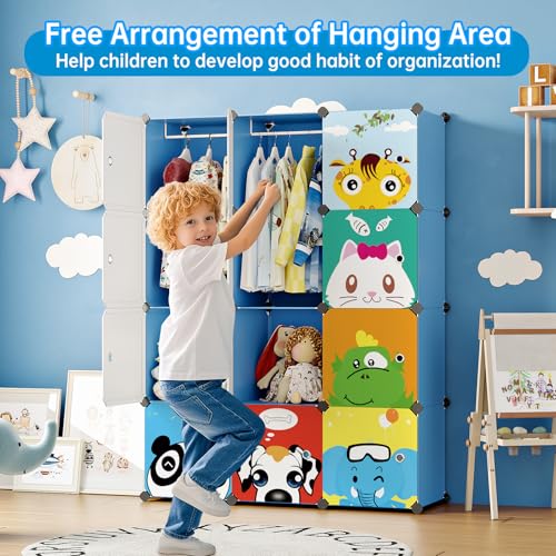 MAGINELS Kids Closet,Baby Wardrobe Closet with Door,Cute Portable Armoire Dresser,Clothes Hanging Storage Rack for Boy Bedroom,Blue,12 Cube(14x14inch) - color: Blue, size: 12 Cube