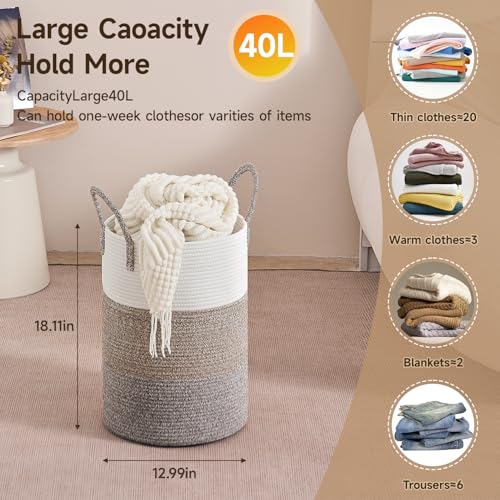 CLHMILY&Z 40L Laundry Basket Round Storage Rope Basket - 13x18 Inches - Laundry Hamper in Bedreoom and Mutil Storage Bin for Blankets, Toys, and Nursery Essentials - color: Brown & White, size: 40L