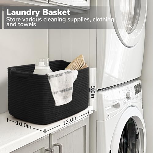 Goodpick Woven Storage Baskets for Organizing, Cotton Rope Organizer for Living Room Bedroom, Black Laundry Basket with Handles, Stylish Gift Baskets for Baby Boys, 13"x10"x9" - color: All Black, size: 13"L x 10"W x 9"H