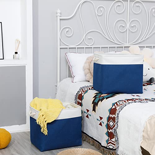 Bidtakay Large Canvas Organization Bins Set of 2 Navy Blue Rectangular Baskets 17x12x15 in for Blankets, Clothes, Towels, Dog Toys Storage - color: White&Blue, size: 2 Pack-XL-17x12x15 In