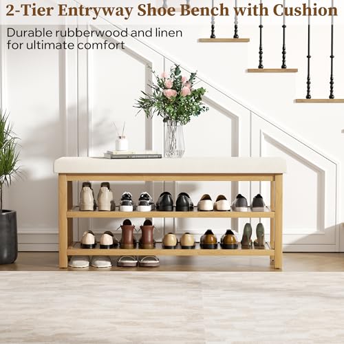 2 Tier Shoe Rack Bench with Cushion, Rubberwood Shoe Benches, Mid-Century Modern Shoe Storage Bench for Entryway, Hallway, Living Room, Closet, Front Door Entrance, Beige - color: Beige