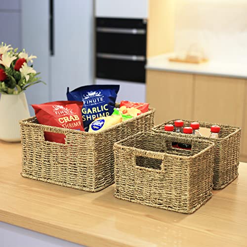 HOONEX Large Wicker Baskets for Storage, Seagrass Baskets with Dual Handles, Woven Baskets for Storage, Set of 3, Natural - color: Natural (Seagrass), size: 17"D x 12.2"W x 7.5"H