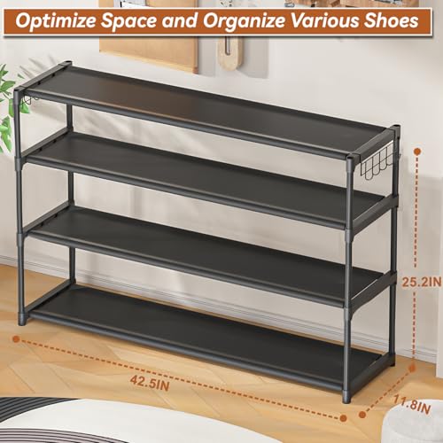 LUKYTOWER Extra Long Shoe Rack 4 Tier Shoe Storage Organizer with 2 Hooks, Wide Stackable Shoe Organizer Racks for Closet Entryway,Shoe Shelf Stand Sturdy Durable Shoes Holder Save Space Up to 26Pairs - color: Black, size: 4Tier 25.2"H