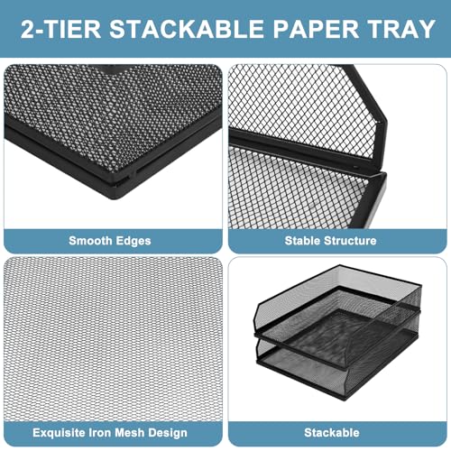 Stackable Paper Tray Desk Organizer, 2 Pack Letter File Tray, Wire Mesh Desktop Organizer, Front-Load Metal A4 Paper Sorter Documents Storage Holder Tray for Office Supplies Home School Classroom - size: Lengthways