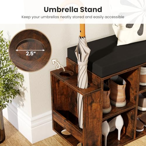 Giantex Shoe Storage Bench with Umbrella Stand, 10-Cubby Entryway Shoe Rack Organizer with Padded Seat, Adjustable & Removable Shelves for Hallway, Living Room & Bedroom (Rustic Brown) - color: Rustic Brown