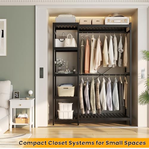 Homykic Bamboo Clothes Rack Garment Rack for Hanging Clothes, Heavy Duty Clothing Rack with 7 Tiers Adjustable Shelves, Double Rods, 4 Hooks, Freestanding Closet System Organizer Wardrobe, Black - color: Black, size: II Medium