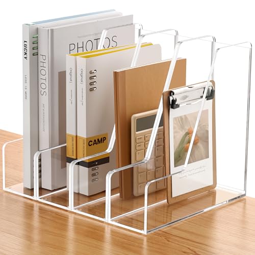 SANRUI 4 Pack Vertical File Holder, Acrylic Desk Organizer Magazine File Sorter for Magazines, Binders, Notebooks, Envelopes, Multi-Purpose Clear Document Organizer Rack - style: 4 Pack File Rack (A4)