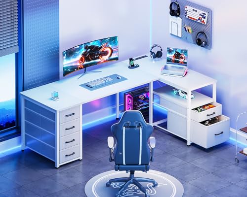 Coleshome L Shaped Computer Desk with 6 Drawers & Power Outlet, 63 Inch Office Desk with Reversible Storage Shelf & File Drawer, Home Office Desk, White - color: White, size: 63 Inch