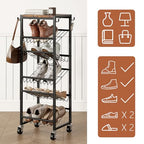 6 Tier Rotating Shoe Rack Tower with Wheels, Wooden Shoe Storage Organizer with Hooks, Sturdy Metal Narrow Shoe Shelf for 6-12 Pairs, Vertical Organizer for Closet Entryway, Rustic Brown - size: 6-tier(13.9 × 11.2 × 38.6)