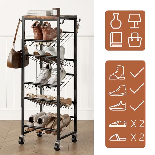 6 Tier Rotating Shoe Rack Tower with Wheels, Wooden Shoe Storage Organizer with Hooks, Sturdy Metal Narrow Shoe Shelf for 6-12 Pairs, Vertical Organizer for Closet Entryway, Rustic Brown - size: 6-tier(13.9 × 11.2 × 38.6)