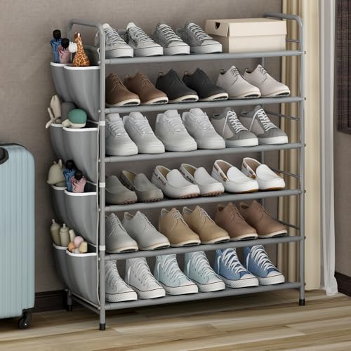 SUOERNUO Shoe Rack Storage Organizer 6 Tier Free Standing Metal Shoe Shelf Shoe Organizer with Side 8 Shoes Pockets for Entryway Closet Bedroom,Grey - color: Grey, size: 6 Tier