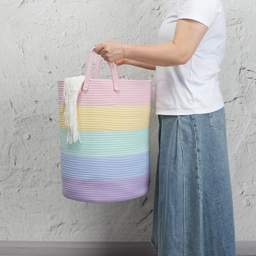 Woven Cotton Rope Laundry basket-15”X20” Laundry Hamper-Rope Storage Basket for Dirty Clothes, Toys and Blankets Perfect for Bathroom, Baby nursery and Living Room Storage (light rainbow) - color: light rainbow, size: regular