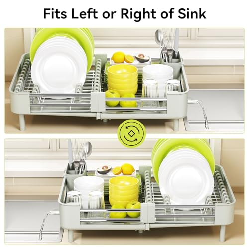 Urackify Extendable Dish Drying Rack, Dual Part Dish Drainers with Non-Scratch and Movable Cutlery Drainer and Drainage Spout, Adjustable Dish Rack for Kitchen, Gray & White - color: Soft Celery Green