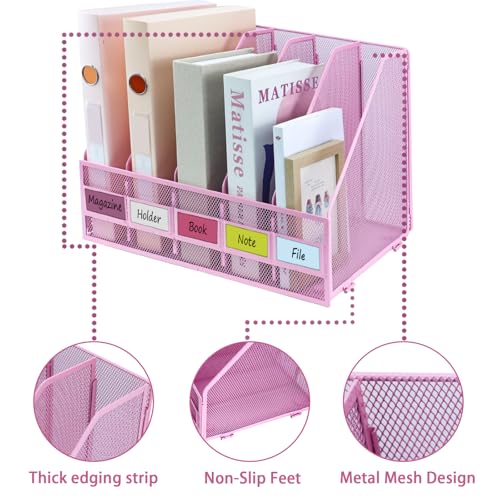 Desk Organizers, Metal Magazine File Holder with 5 Vertical Compartments Rack Binder File Organizer for Office Supplies, Home Workspace - Pink - color: Pink, size: 5 Compartments
