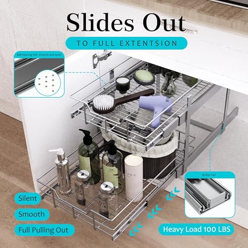2 Tier Pull Out Cabinet Organizer 11" W X 17" D, Slide Out Drawers for Kitchen Cabinets, Pull Out Drawers for Cabinets Capacity Heavy Duty Caddy, Cabinet Pullout Shelves Chrome-Plated,Bathroom Pantry - color: 2 Tier - Chrome-Plated, size: 11" W X 17" D