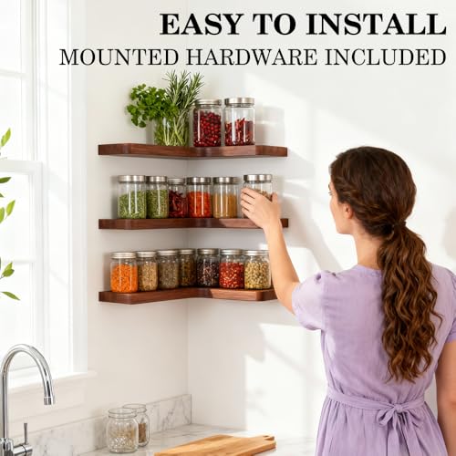 Floating Corner Shelves, Wall Shelf Set of 3, Shelves for Wall Storage, Solid Wood Shelves for Storage, Wall Mount Wooden Display Shelf for Bathroom Bedroom Kitchen Garage (Acacia, 3pcs) - color: Acacia 3 Pcs