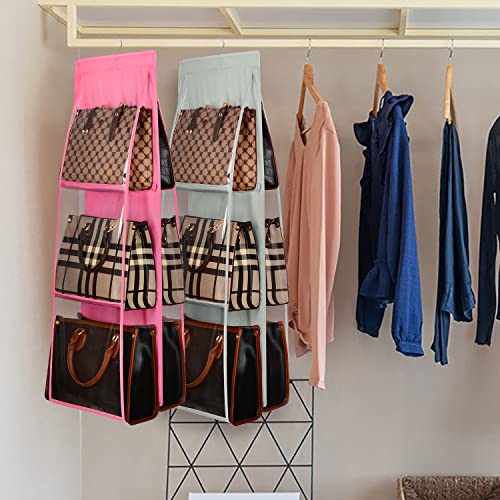 Lirex Medium and Large Handbag Hanging Purse Organizer for Closet, Handbag Storage Organizer Hanger Oxford Cloth Closet Organizer for Family Closet Bedroom, Foldable and Universal Fit, Pink - color: Pink