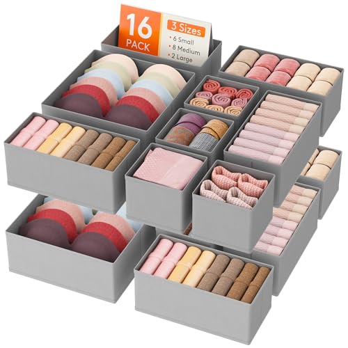 Lifewit Drawer Organizer Clothes for Closet 16 Pack, 3 Sizes Underwear Wardrobe Drawer Dividers, Fabric Foldable Dresser Storage Organizer Bins for Sock, Bra, Lingerie, Undies, Grey - color: Light Gray