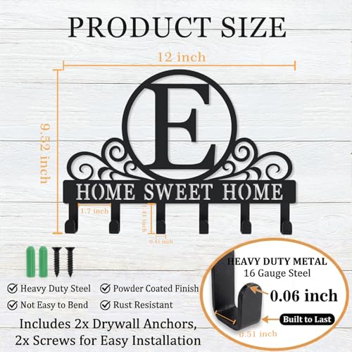 Metal Letter E Key Holder for Wall, Decorative Metal Key Holder Wall Mount, Key Hooks Coat Rack Monogram Wall Decor, Perfect for Bathroom, Living Room, Kitchen, Anniversary Housewarming Gift - style: E