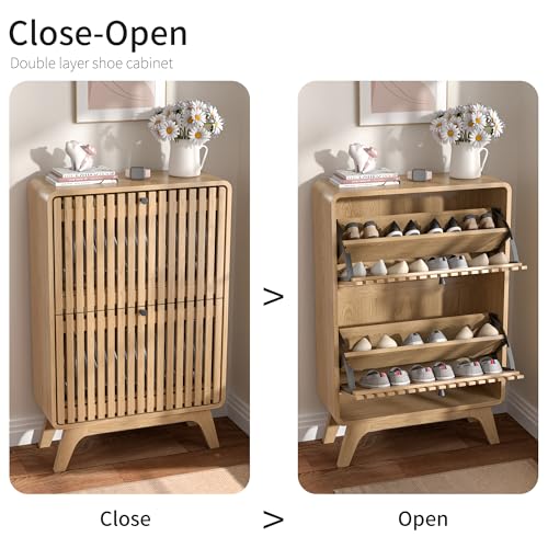 Jluomei Narrow Shoe Cabinet Storage for Entryway, Modern Cabinet Rack with 2 Flip Drawers, Slim Wood Fluted Entry Way Shoe Organizer, Wooden, Small, Farmhouse, Freestanding, Natural Oak (39.4 Inch) - color: Natural