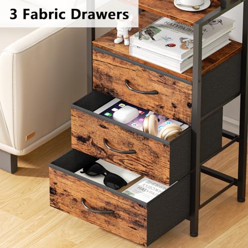 Furnulem Night Stand, Tall Nightstand with 4-Tier Shelves and 3 Fabric Drawers, LED Bed Side Tables with Charging Station, Bedside Table for Bedroom, Hallway, Office, Rustic Brown - color: Rustic Brown, size: 3 Drawer