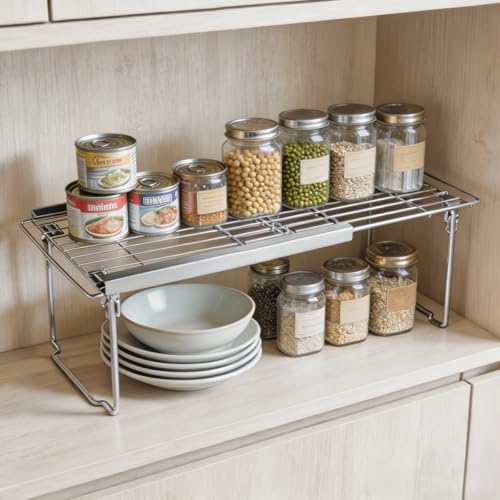 Orgneas Expandable Cabinet Shelf Organizer, Adjustable Freezer Shelf 15.8"-22" Thickened Heavy Duty Organizer and Storage Shelf for Kitchen Cabinet Pantry Refrigerator - color: Thickened Expandable