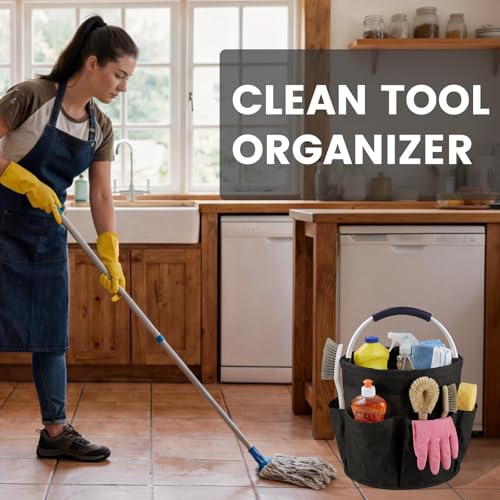 Cleaning Caddy with Handle and 6 Pockets, 17L Cleaning Supplies Organizer, 600D Oxford Fabric Storage Basket, Multifunctional Bucket Bag for Picnics, Camping, Gardening, Bathing (Black) - color: Black