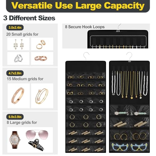 Hanging Jewelry Organizer with Multi-size pockets Double-Sided Jewelry Holder for Earrings, Necklaces, Rings on Closet, Wall, Door,Jewelry Organizer Hanging for Closet, Black - color: black