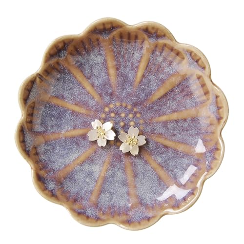 Lotus Ring Holder Dish Small Indoor Ash Tray, Ceramic Dessert Plate Trinket Jewelry Holder Organizing Necklace Earrings for Parents Friends Sister, Deep Purple. All Jewelries Are NOT Included. - color: Purple-Round