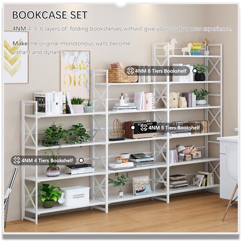4NM Extra Wide 6 Tiers No Assembly Book Shelves, 61.8" H Folding Bookshelf Bookcase Open Industrial Foldable Shelves for Bedroom, Living Room, Home Office - All White - color: All White, size: Wide XX 6-Tier