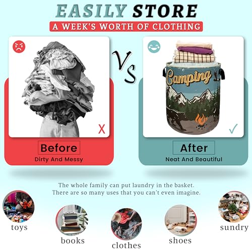 Retro Camping Mountain Bear Laundry Basket Foldable With Handles Tote Bag Oxford Cloth Funny Laundry Hamper Clothes Storage Bucket Toy Organizer For Bathroom/Laundry/Bedroom 18.9" x 16.5 " - color: Retro Camping With Mountains Bear