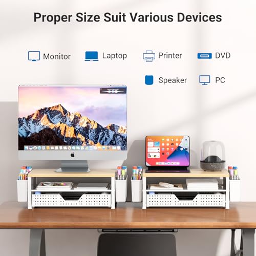 Wood Metal Monitor Stand Riser, Laptop Stand for Desk, Office Desk Organizer and Accessories, Computer Desktop Shelf with Drawer and Pen Holder, Printer Stand for Home, Office, Dorm (Natural Wood) - color: Natural Wood