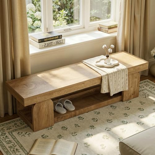 Tribesigns 63-Inch Long Entryway Bench, Farmhouse Entry Shoe Bench with Storage Shelf, Wooden Indoor End of Bed Bench Seat for Bedroom, Hallway, Foyer, Natural
