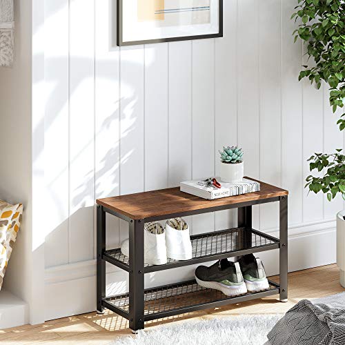 VASAGLE 3-Tier Shoe Rack, Shelf Storage Bench with Metal Mesh Shelves and Seat, Free Standing Shoe Organizer for Entryway, 11.8 x 28.7 x 17.7 Inches, Hazelnut Brown and Black ULBS073B03 - color: Hazelnut Brown + Black, size: 28.7"W x 17.7"H, style: Bench
