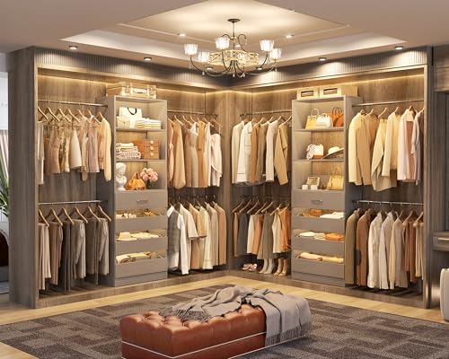 Aheaplus Closet System Set of 2, 4-9Ft Wood Closet Organizer with Drawers & Shelves, Closet Organizer System with 8 Hanging Rods, Walk-in Closets Organizer Wardrobe Closet Rack, Grey - color: Grey-2Sets