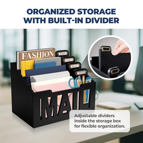 Mail Organizer Countertop – Black Holder for Desk with 4 Slots & Label Tags, Decorative Desktop Sorter, Bill Storage and Envelope Tray for Organized Home Office Accessories (11x7x8 in) - color: Black, size: Medium