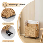 Rolling Laundry Hamper with Wheels, Slim Laundry Basket with Removable Liner Bag & 2 Mesh Bags, Handwoven Water Hyacinth Clothes Hamper for Bedroom Bathroom (Natural, 65L) - color: Natural/No Lid/65L