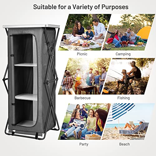 Giantex Folding Camping Storage Cabinet with 3 Shelves and Carry Bag, Portable Outdoor Organizer Kitchen Table, Quick Set-up for BBQ, Picnic, Backyard, Compact Pop-Up Cupboard, 55''H - size: 55''H
