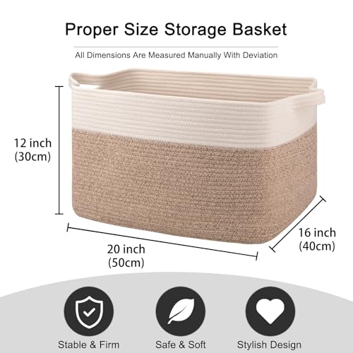 OIAHOMY Large Blanket Basket, 65L Cotton Rope Woven Laundry Basket, Toy Bin for Baby Room, Container for Blanket Storage in Living Room, 20''×16''×12'', Brown & White - color: Brown & White, size: 65L